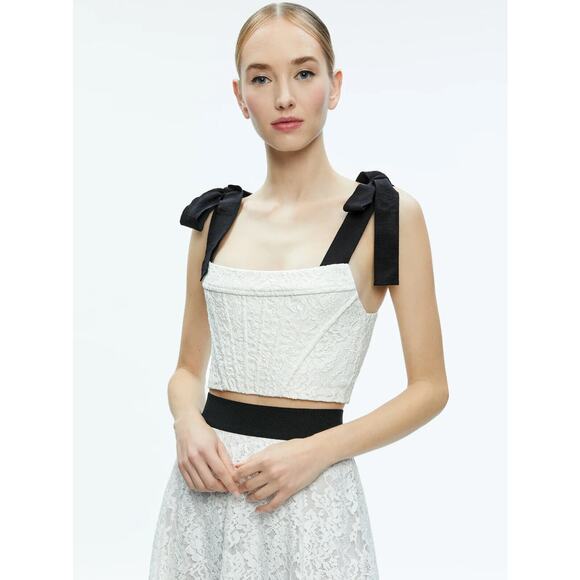 $350 ALICE AND OLIVIA CLARA BOW STRAP BUSTIER LACE CROP TOP WITH BLACK BOWS 10 - Picture 1 of 3